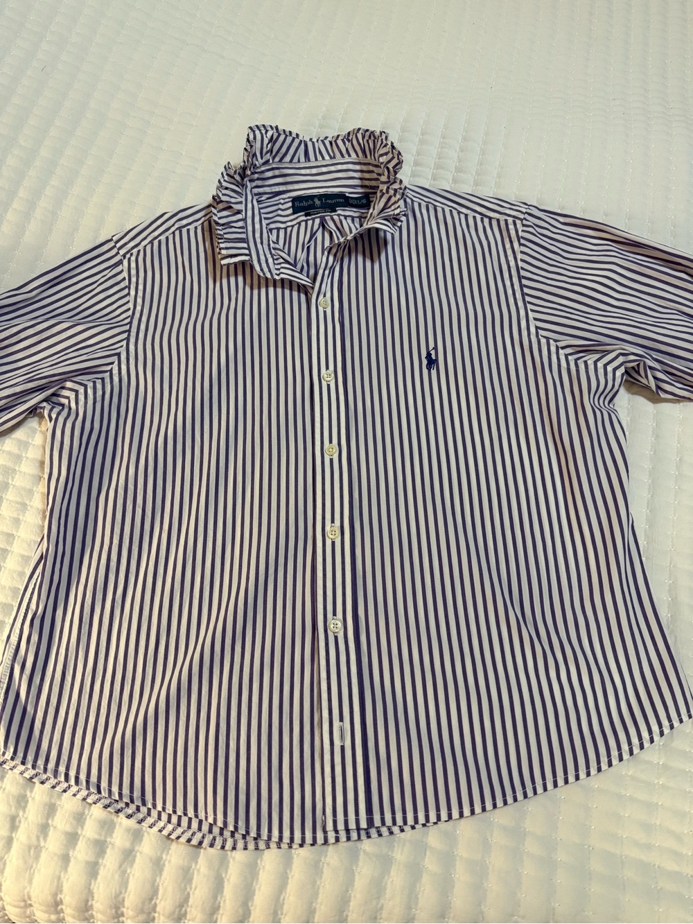Upcycled Men’s Ralph Lauren Purple Striped Button-Up Shirt with Ruffle Colla - Picture 5 of 8